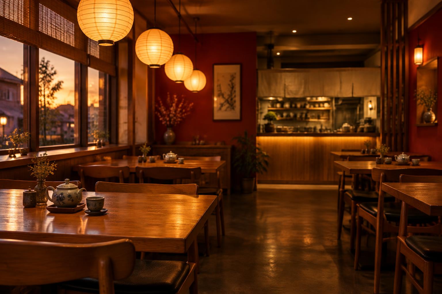 The dining room at dusk, with warm lantern light and wooden tables