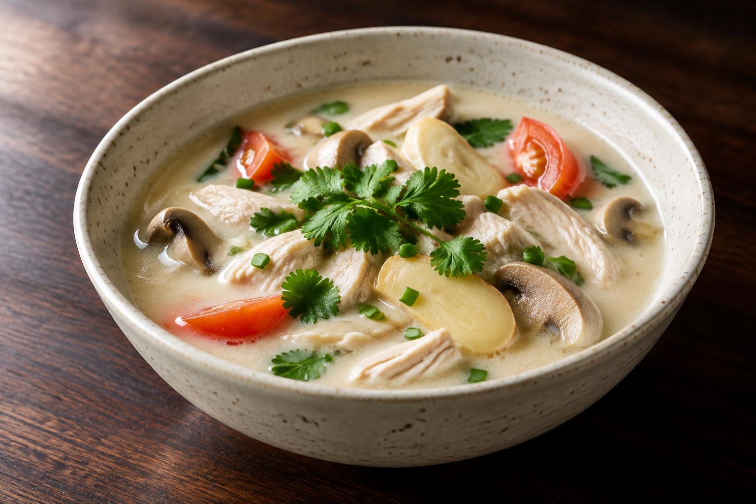 A bowl of coconut chicken soup with mushrooms, tomato and green onion