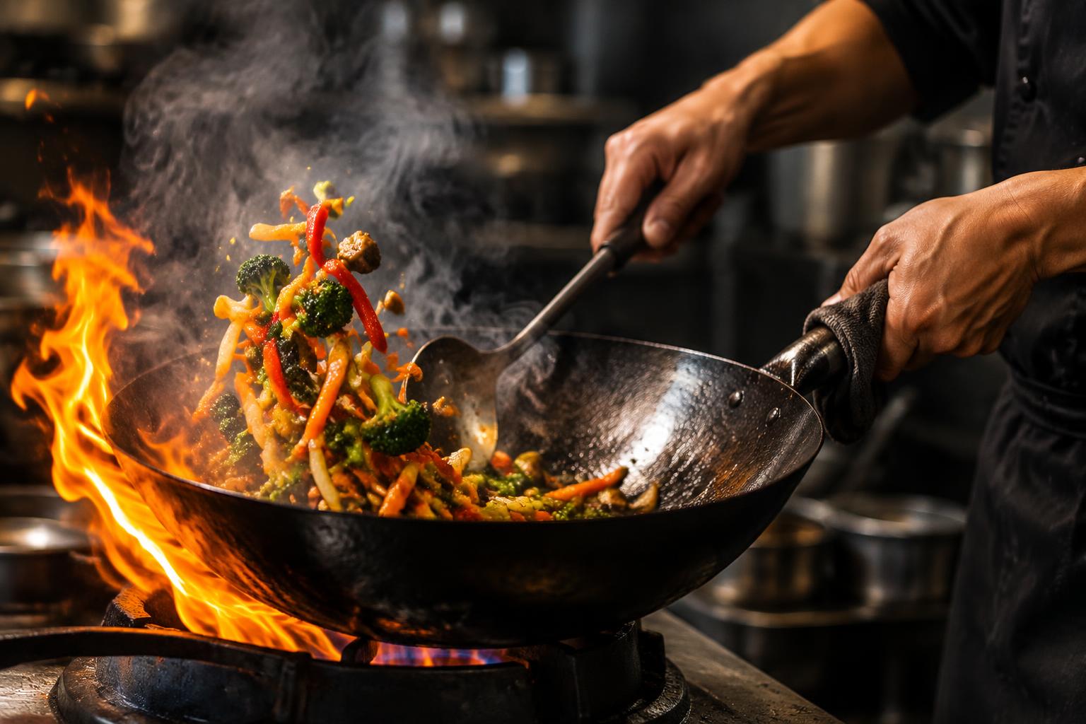 A cook tossing vegetables in a hot wok over a flame in the kitchen